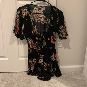 Brand new short sleeve shorts romper, black with rose flowers